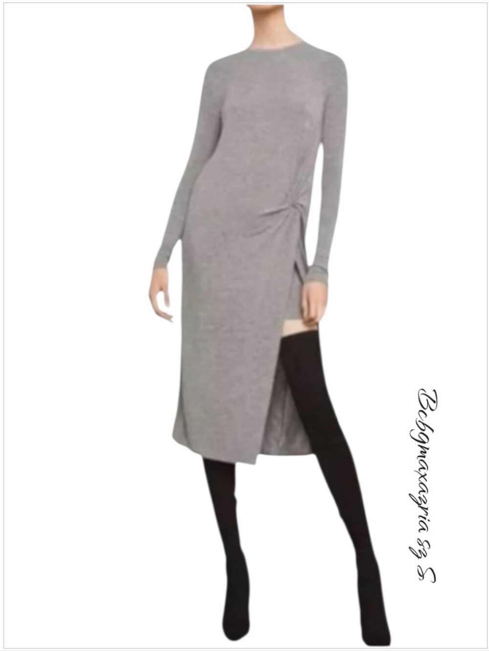 BCBGMaxAzria gray asymmetrical twist front overlay midi dress sz S